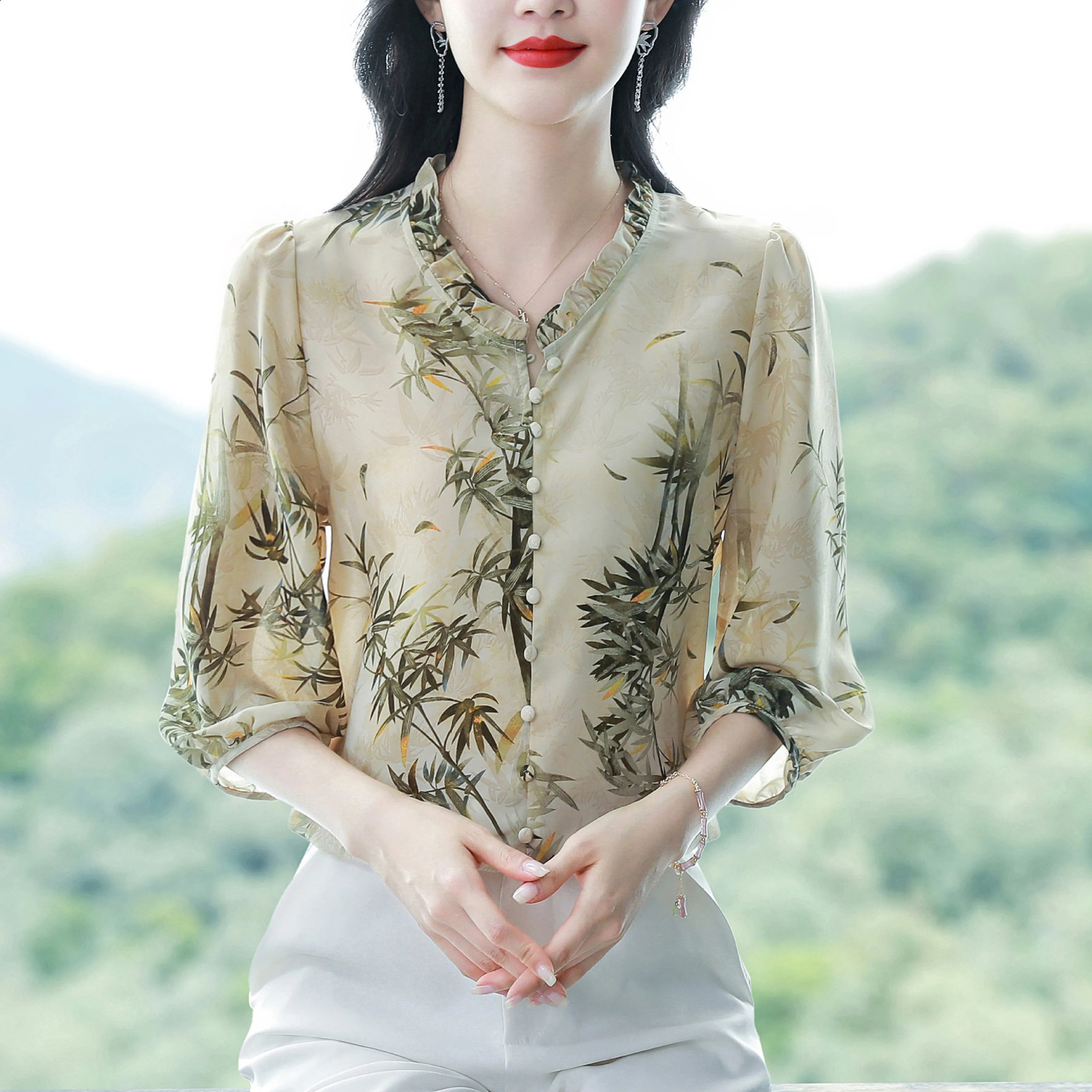 Fashion 3D Rose Printed Chiffon Shirt 2025 Spring Summer Pullovers Blouse Ruffled Collar 3/4 Sleeve Women Tops 250313