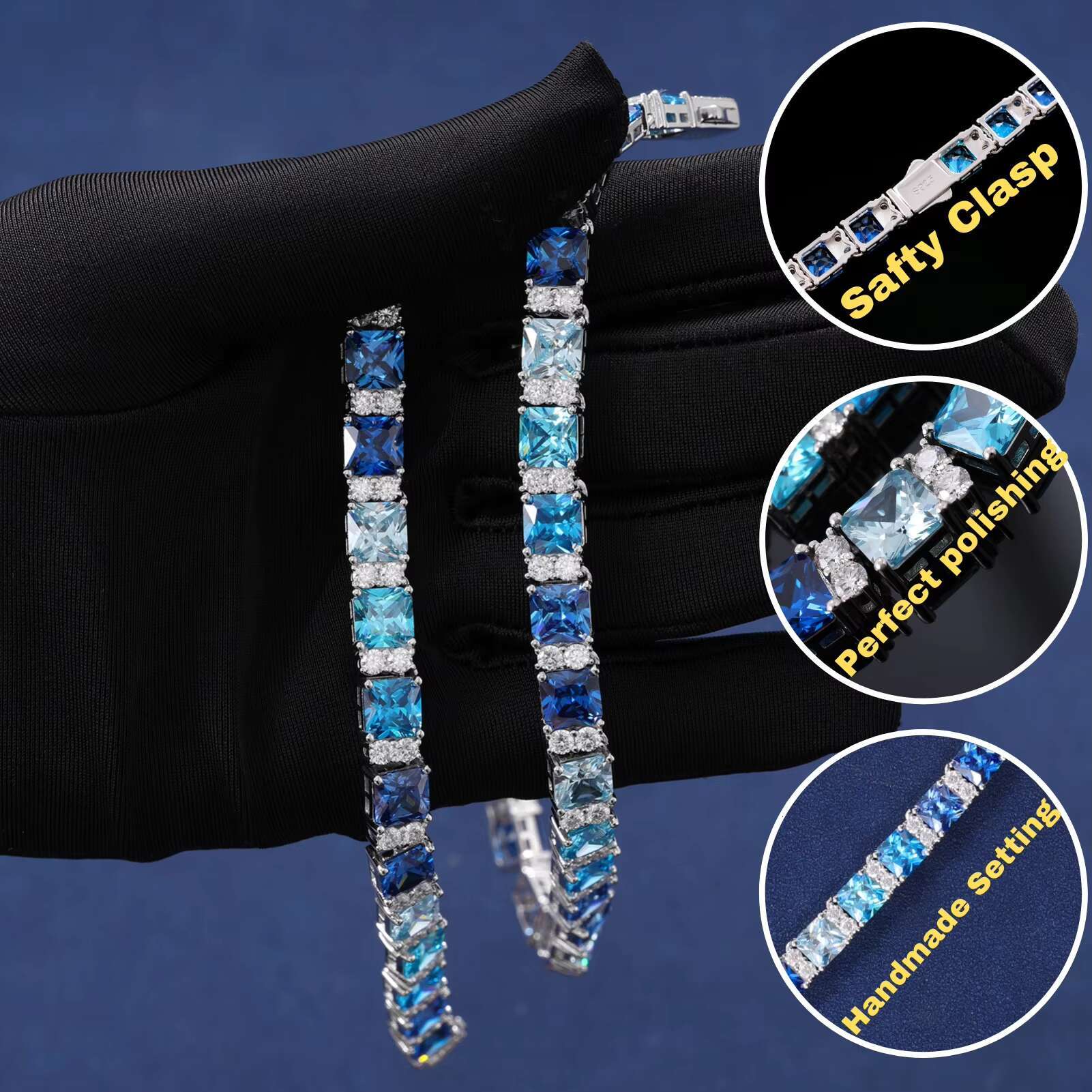 New design pure sier Vvs Moissanite 6.5mm long stick tennis chain necklace, summer blue gradient accessory