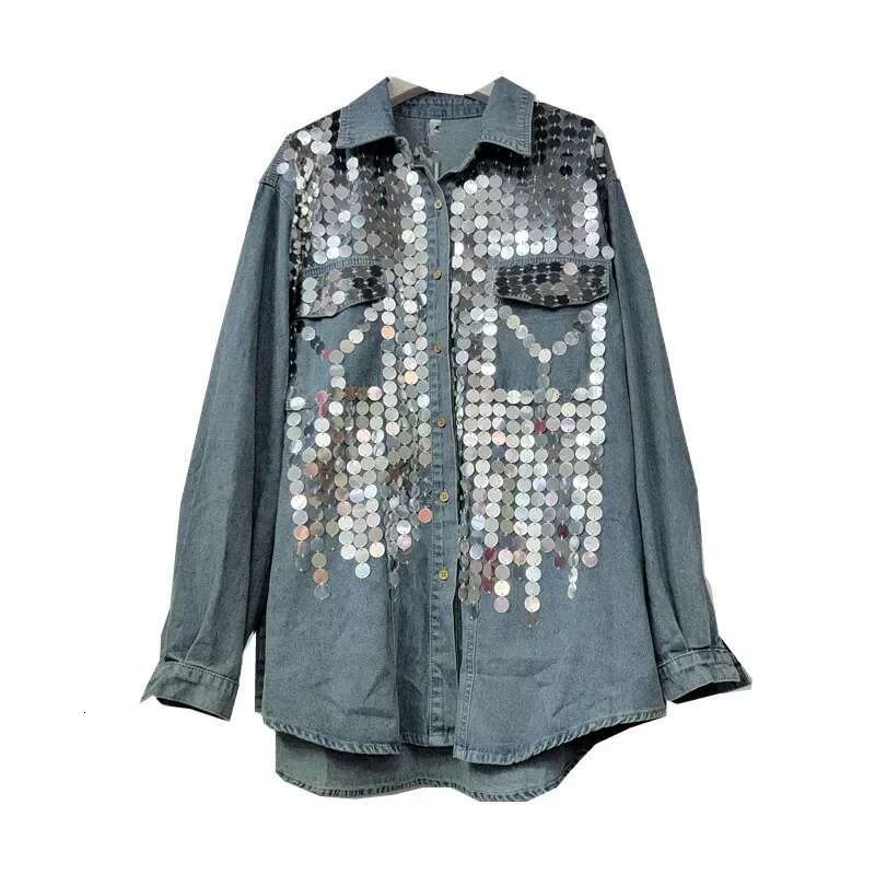 Chic Sequins Denim Spring Loose Jeans Beading Blouse Single Breasted Cowboy Cardigan Crop Tops Blusas