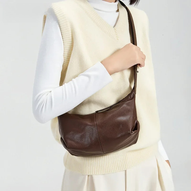 Less Is More Minimalist Style Coffee Color Hobo Tote Vegetable Tanned Cow Leather Women Shoulder Bag Adjustable Handle Handbag