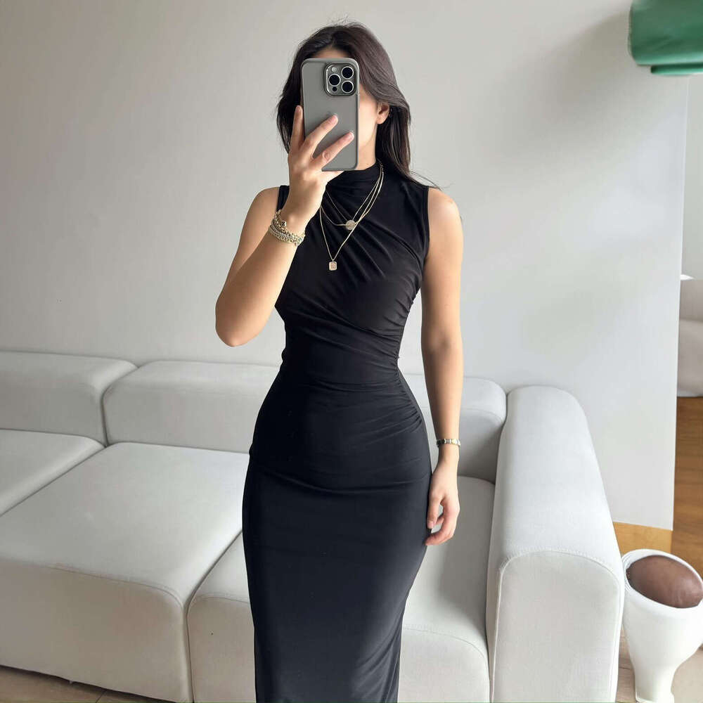 European and American style summer solid color slit high waist slim fit sexy sleeveless long women's dress 2025 new casual fashion trend clothing