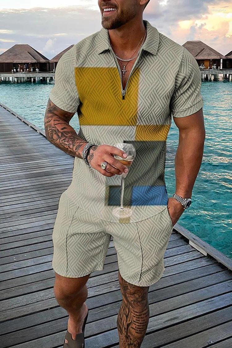 Designer Shirts Men: Bohemian Geometric 3D Print Polo Shirt Zipper Lapel Set & Shorts - Hawaiian Holiday Outfit