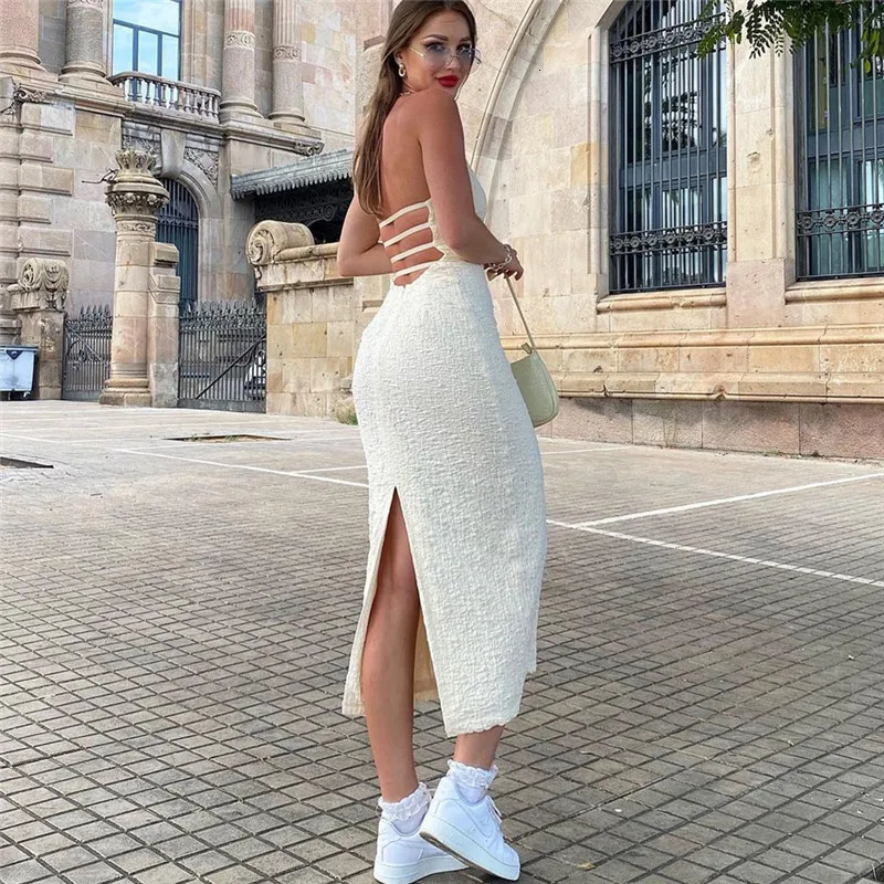 Where Mery elegant sleeveless long dress Y2K summer backless ultrathin low cut womens solid knit streetwear club robe 250313
