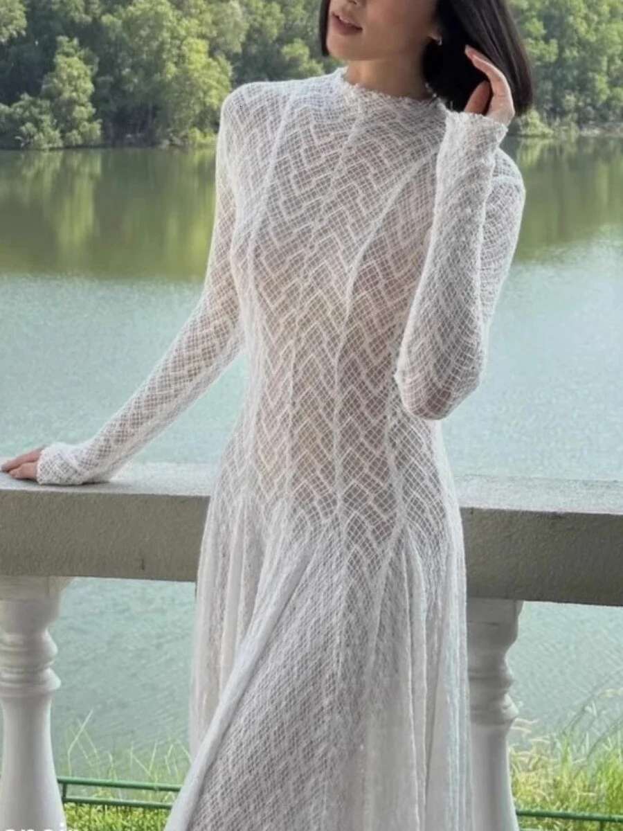 Solid Slimming Spliced Ruffles Dresses For Women Round Neck Long Sleeves Patchwork Hollow Out Dress Female Clothing