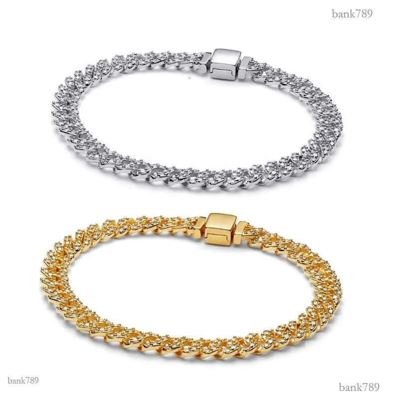 Golden Timeless Pave Cuban Chain Bracelet 100% 925 Sterling Silver Luxurious BRACELET Women Girlfriend Party Jewelry Full Diamond Gold Bracelet Wit