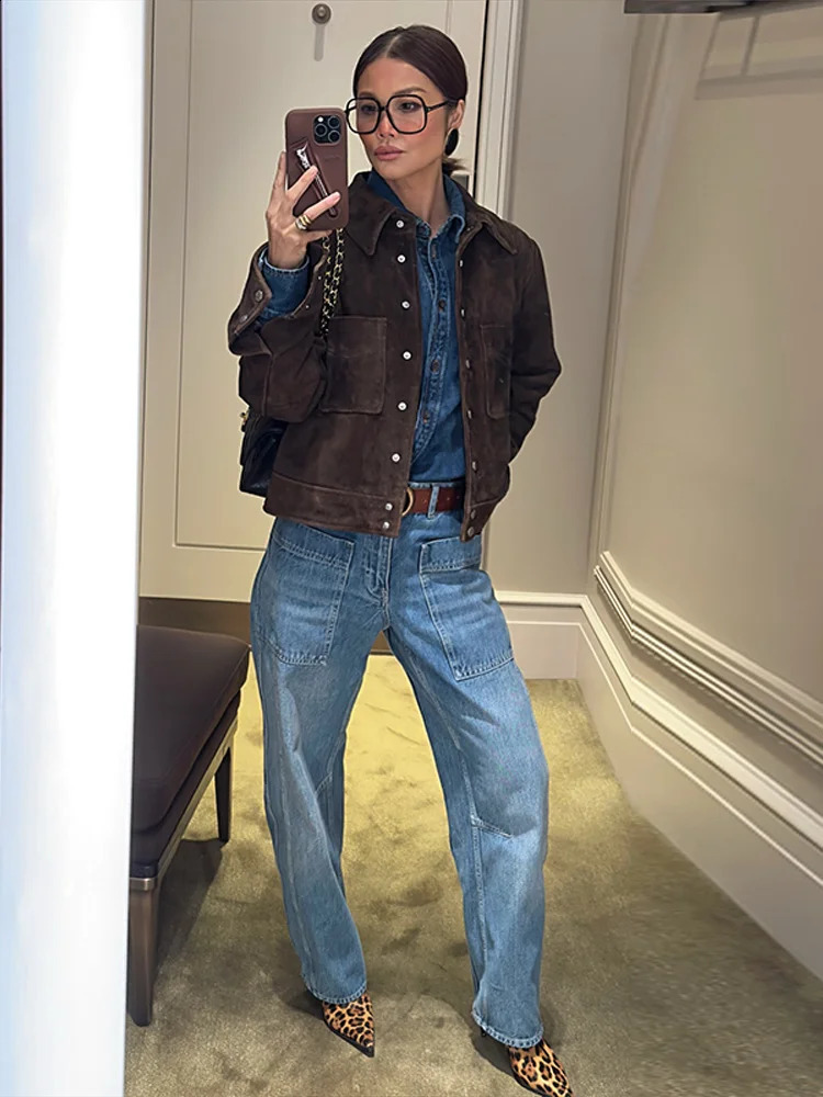Classic Brown Single Chest Jacket Womens Retro Suede Collar Pocket Short Sleeve Versatile Spring Chic Street 250312