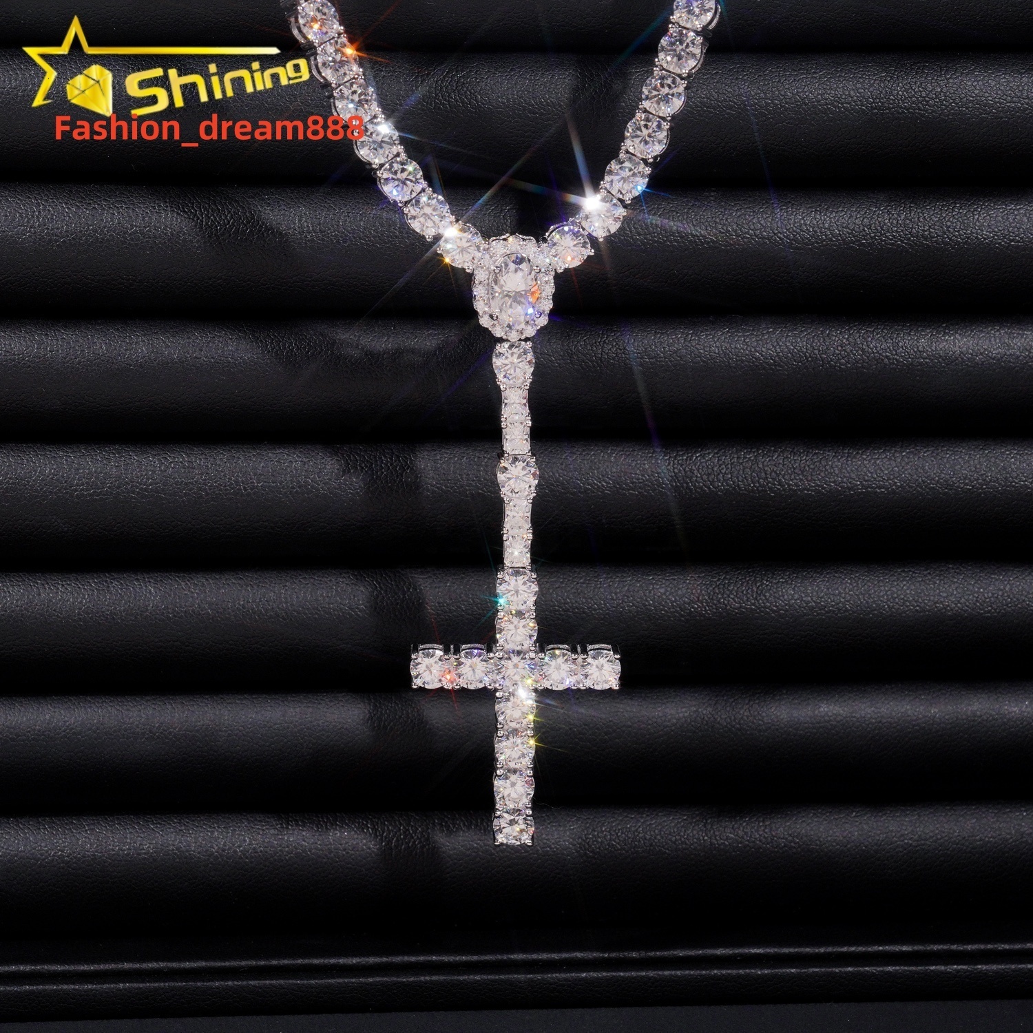 New Arrival Hot Sell Iced Out 5MM Width 925 Sterling Silver VVS Moissanite Rosary Cross Tennis Chain Necklace