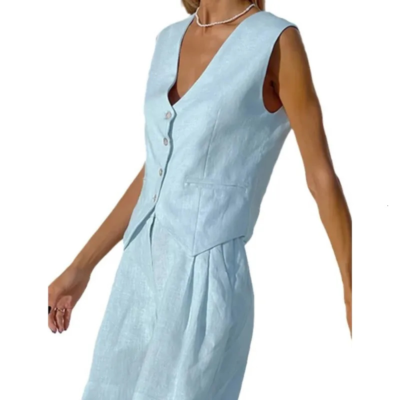 Womens 2025 Street Solid Cotton Linen Shorts 2 Pieces Sets Single Breasted Button Sleeveless Vest Suit Pockets Set Outfits 250311