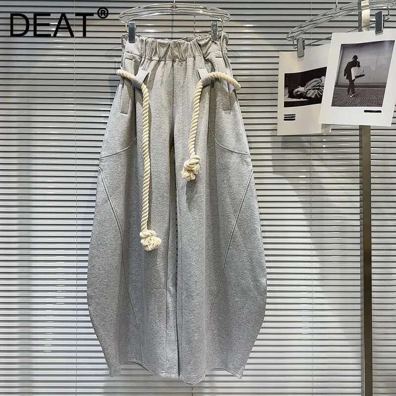 DEAT 2024 Autumn New Arrival Fashion Women's Woven Bandage Design Loose High Elastic Waist Wide Leg Casual Pants 33A1851