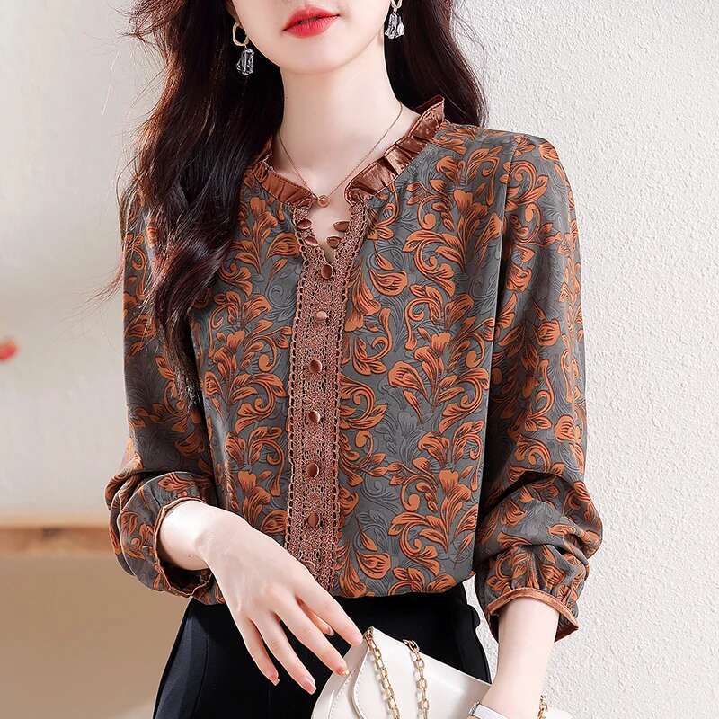 Fashion 3D Rose Printed Chiffon Shirt 2025 Spring Summer Pullovers Blouse Ruffled Collar 3/4 Sleeve Women Tops