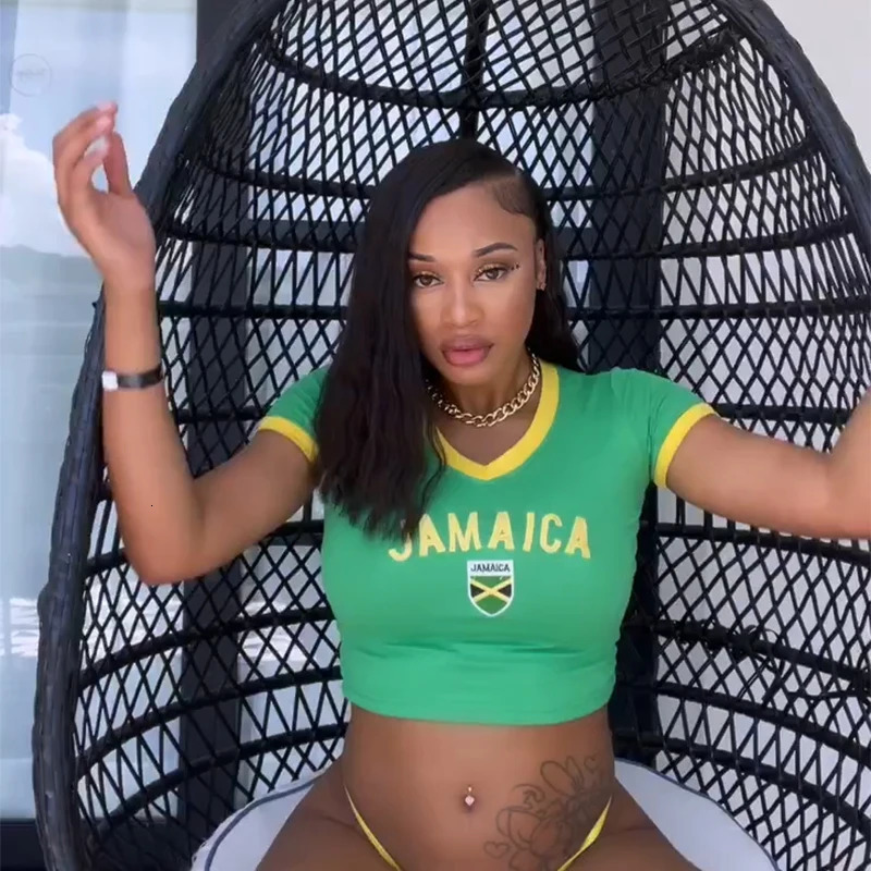 Summer Tees Jamaica Letter Print Womens Casual Retro Short Sleeve T-shirt Crop Tops Green Y2k Sexy Cool Unisex Female Top 250312