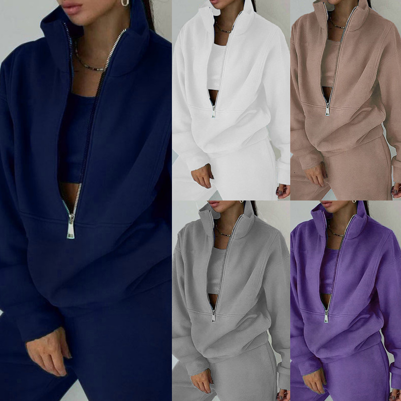 2025 Fashion Fleece Sports Leisure Solid Color Stand Up Collar Spring Women's Set