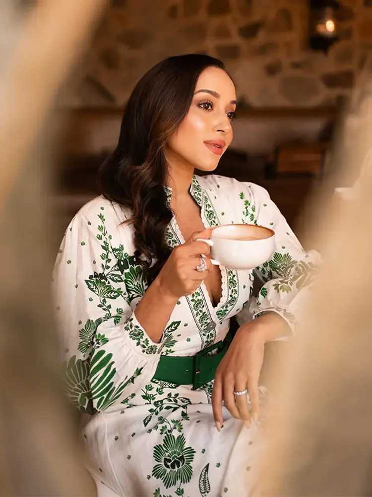 Urban Sexy Dresses Fashion Grn Print Single Chest Maxi Dr Womens Elegant Collar Long Lantern Slves Long Robe 2025 New Beach Vocal Vestido Y240312VO7Y