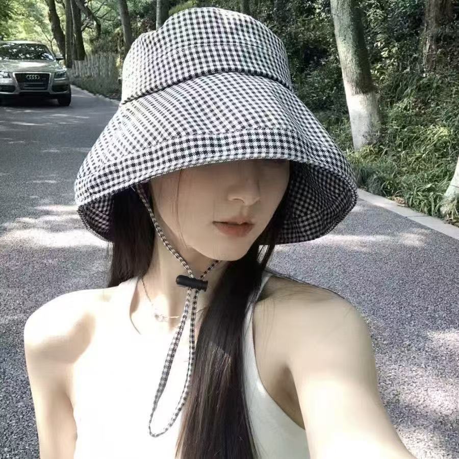 baseball cap Grid Fisherman's Female Korean Edition Summer Travel UV Protection Outdoor Big brimmed Sunshade Face Covering Beach Hat