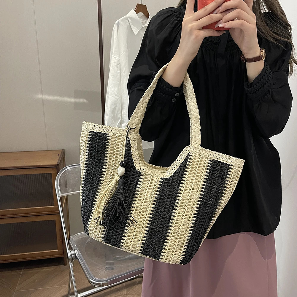 Striped Straw Beach Bag Large Vacation Bag Woven Holiday Travel Handbag with Tassel for Women Work Travel Vacation R250312