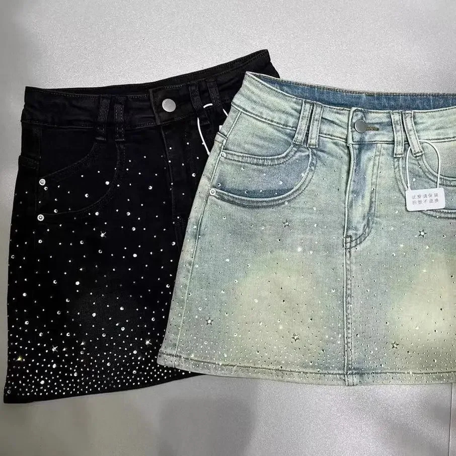 Starry Rhinestone Denim Skirt for Women Summer Retro Slimming a-Line Sheath Denim Skirt 250313