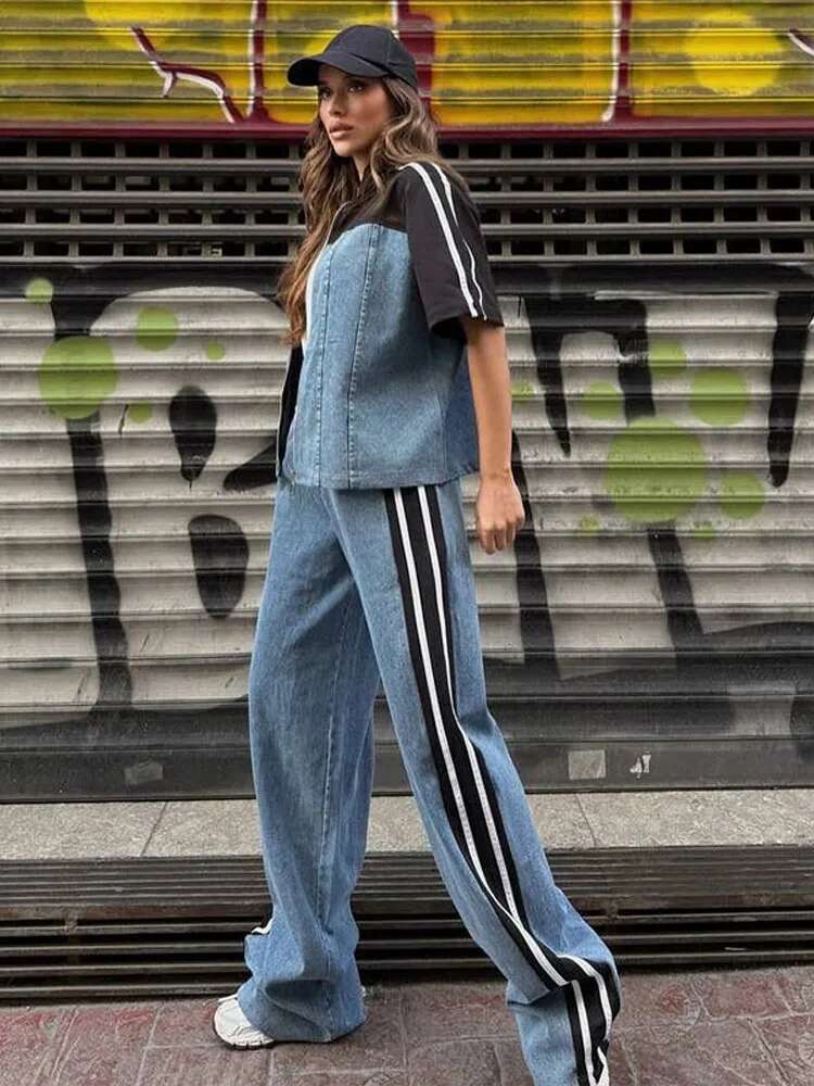 Casual Denim Patchwork Stripe Women's Suits Short Sleeve Zipper Tops High Waisted Wide Leg Pants Two-Piece Set Spring Summer New