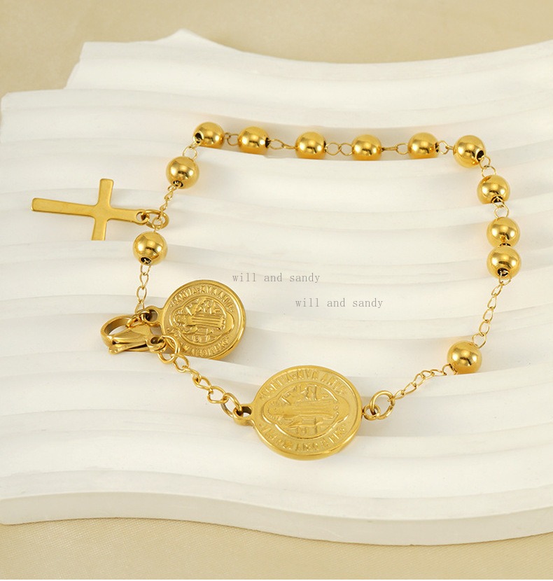 Catholic Rosary 18k Gold Religious Virgin Mary Religious Cross Charm Bracelet Non Tarnish Stainless Steel Bead Chain Bracelets Woman Fashion Jesus Fin