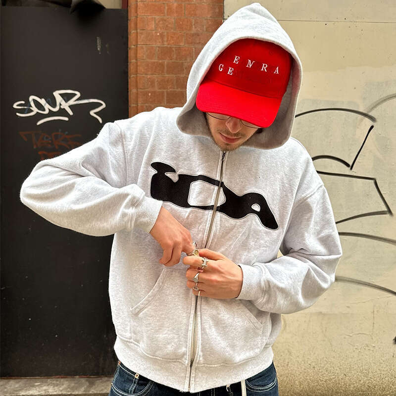 Y2K new style letter sticker street hip-hop cardigan zipper loose autumn and winter hooded sweatshirt