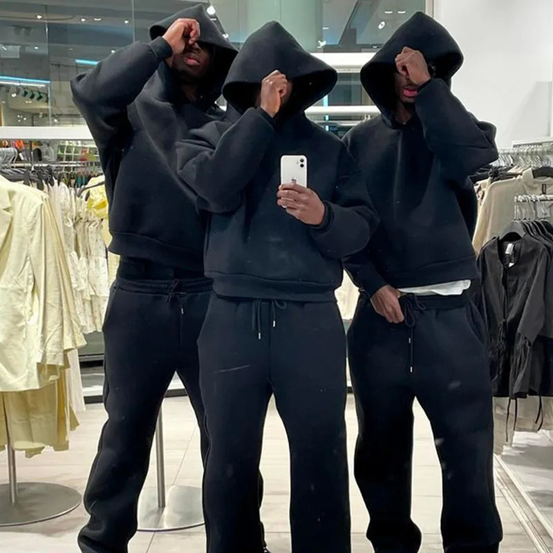 Casual sets Solid Tracksuit for Men Zipper Long Sleeve Hooded Sweatshirt Straight Pants 2 Piece Set Plush Hoodie Trousers Suits 250312