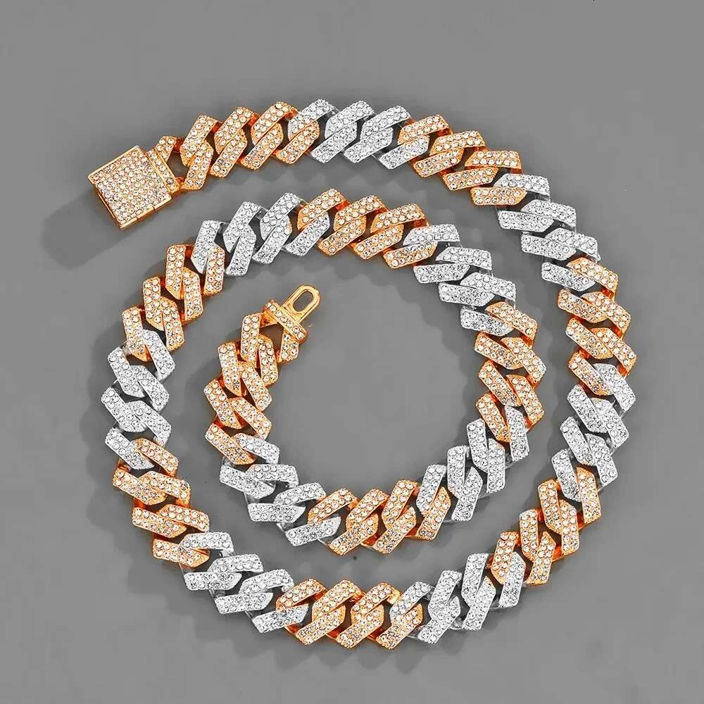 2025 15mm Iced Out Miami Cuban k Chain Choker Necklace Rose Gold Sier 2 Tone Color Mix Cz Stone Unisex Hip Hop Jewely Box Clasp