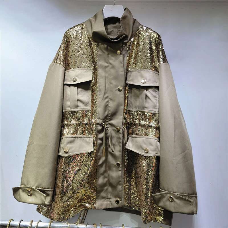 Women's Trench Coat Sequins Zipper Drawstring Waist Stand Collr Multiple Pockets Cargo Windbreak New Fashion Autumn