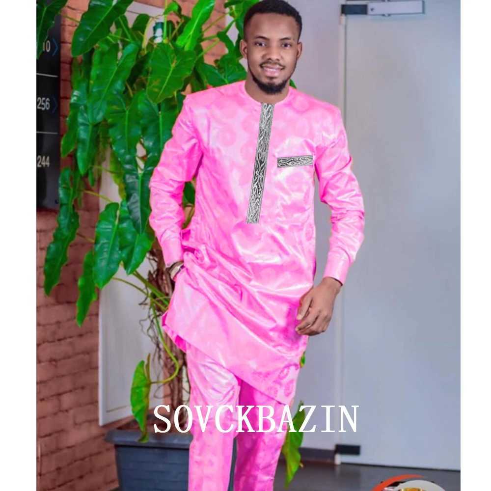 African Men Bazin Dashik Suit Clothing Casual 2 Pcs Set Shirt and Pant Nigerian Basin Men Outfit Party Wedding Clothes X250313