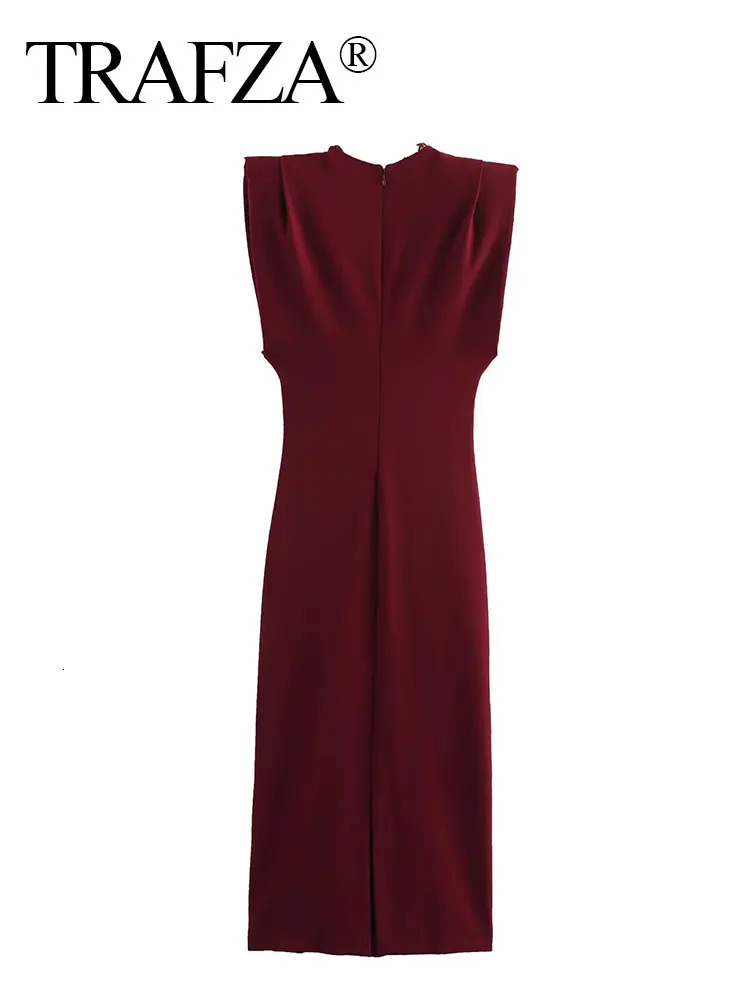 TRAFZA Summer Womens Fashion Dress Trend Wine Red Ultra Thin Midi Folded Evening Vestidos 250313