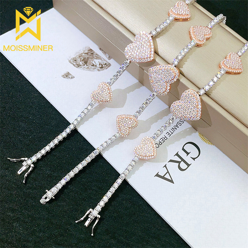 3mm Moissanite Heart S925 Silver Tennis Chain Necklaces For Women Iced Out Hand Chain Pass Diamonds Tester Hip Hop Goth Jewelry
