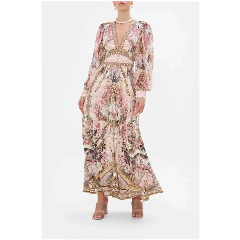 Urban Sexy Dresses NicheTrendy Australian retro womens long Dr sexy V-neck fairy kimono print elegant wide hem Swp train Dr Y240312BAF7