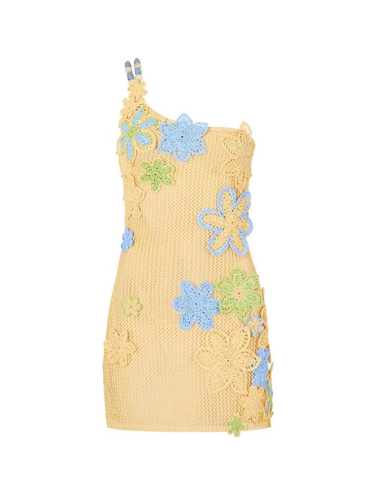 Sexy Knit Flower Sling Mini Dress Women One Shoulder Backless Bandage Hollow Out Dresses Female Summer Lady Beach Robes 250313