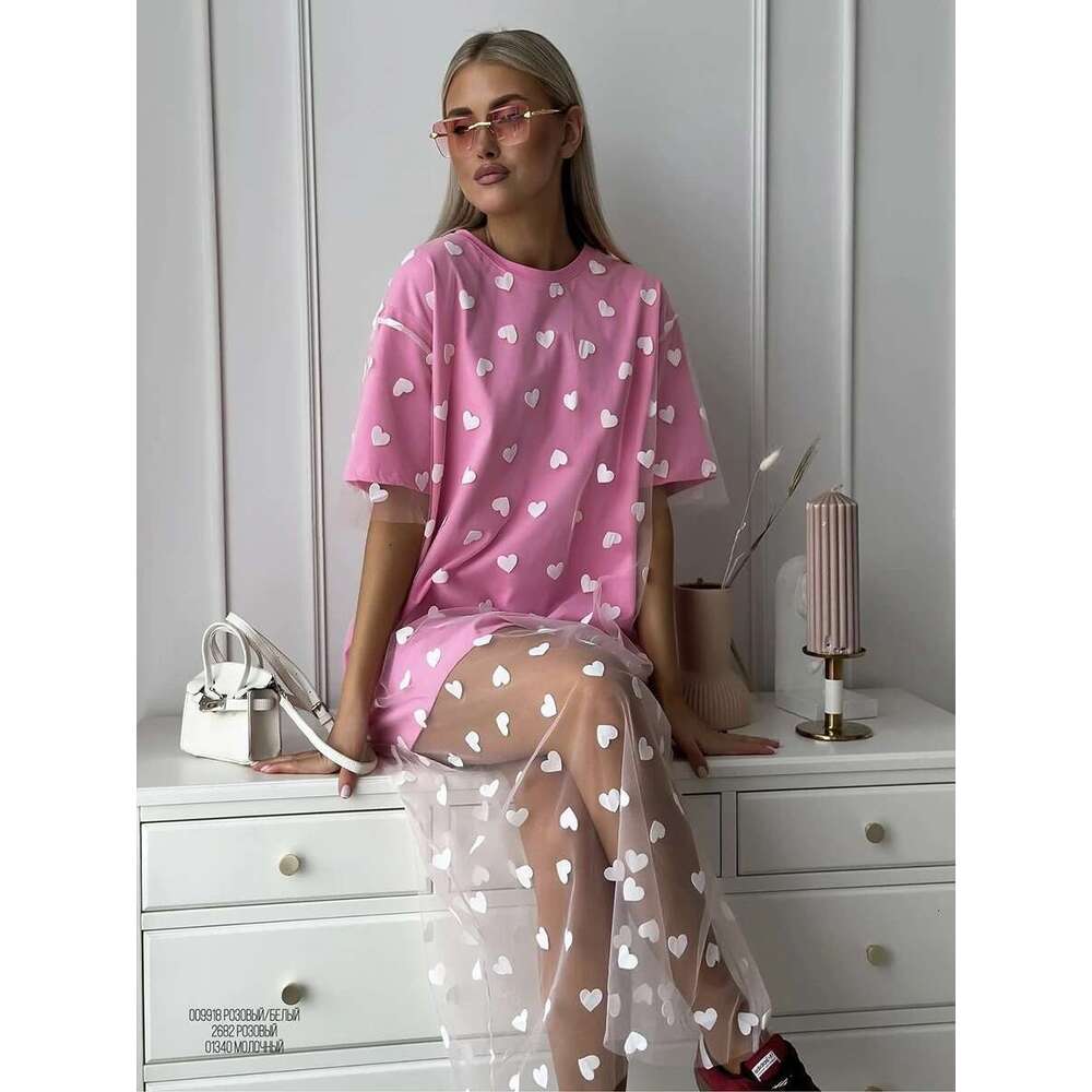 Heart Mesh Patchwork Vintage Streetwear Aesthetic Chic T Shirt Women Casual Cotton Short Sleeve Tops Y2k