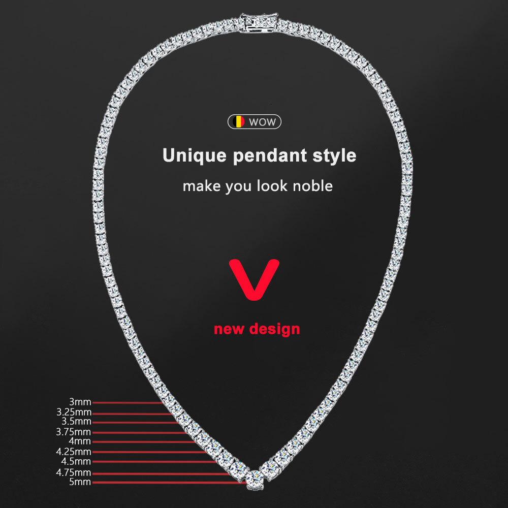 KNOBSPIN Moissanite Tennis Necklace for Woman V Style Wedding Party Neckchain 925 Sterling Sliver Plated 18k White Gold Necklace