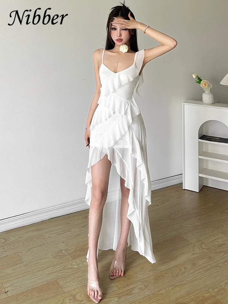Nibber White Sweet Mature Ruffles Beautiful Summer Street Out Womens Thin Perspective Tassel n Long Strap Dress 250313