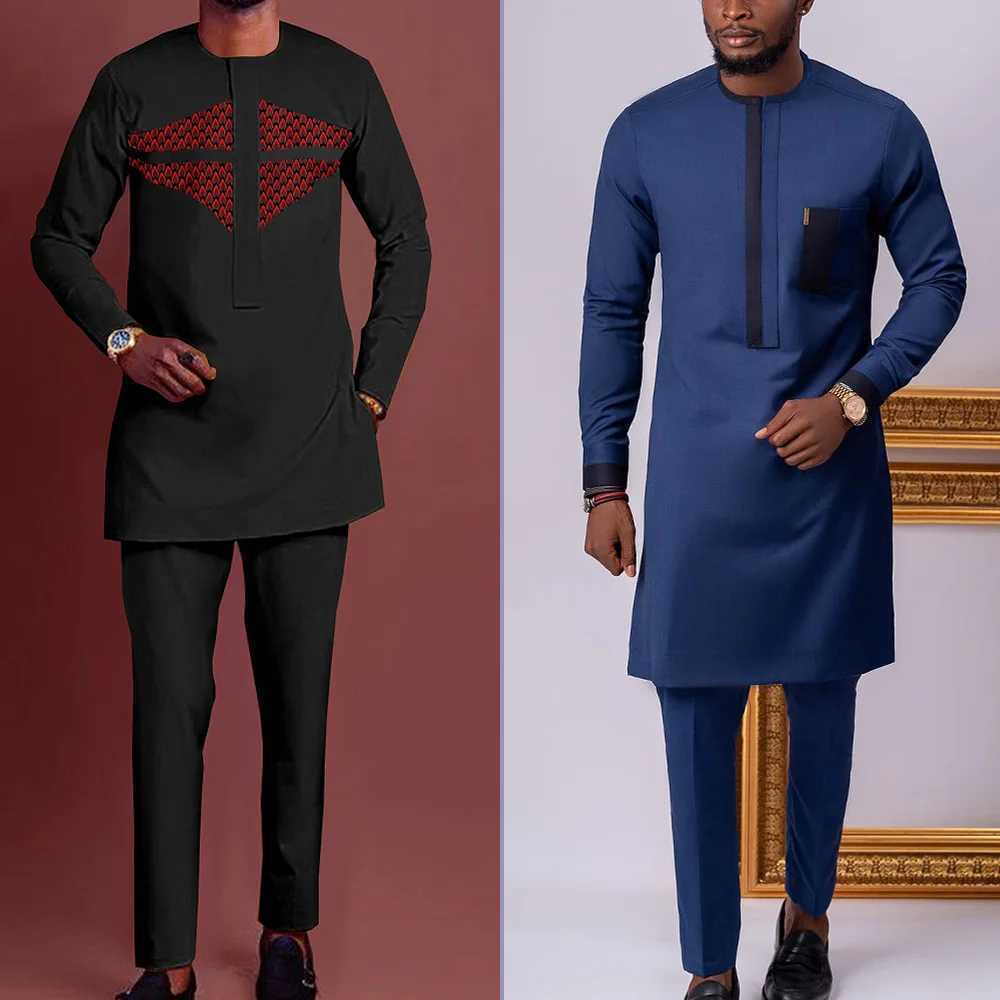 New 2PC African Traditional O-neck Clothing Dashiji Muslim Mens Luxury Brand Clothing Full Pants Set X250313