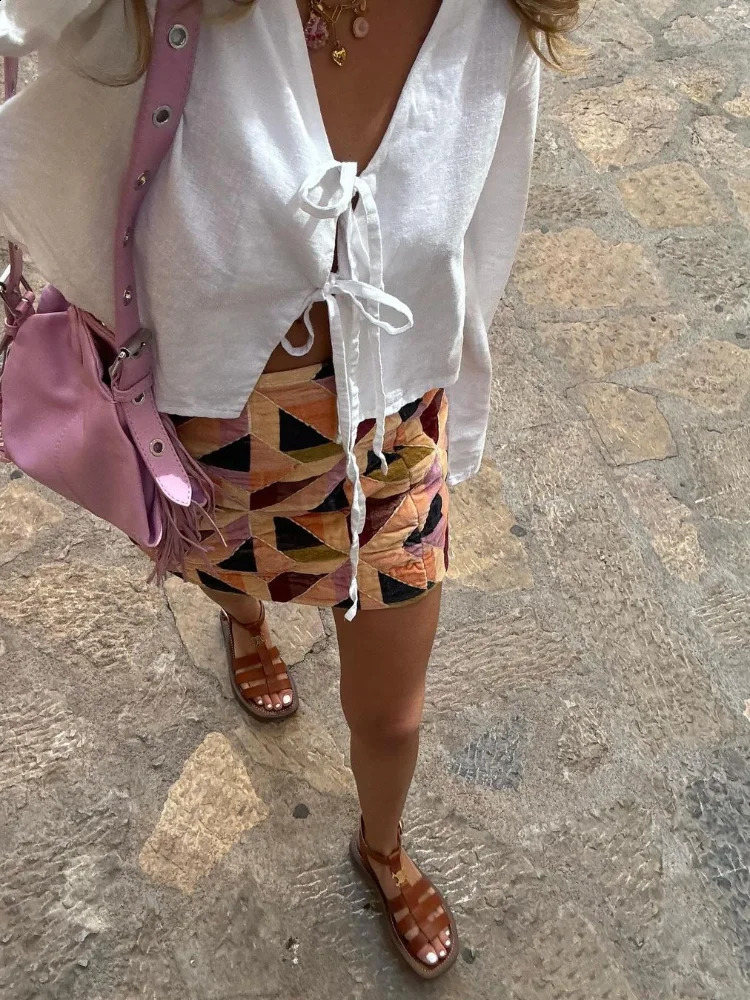 Cotton Linen Lace Up Bow Shirts Women Loose Hollow Out V Neck Long Sleeve Tops Female 2025 Spring Lady Streetwear Top 250313