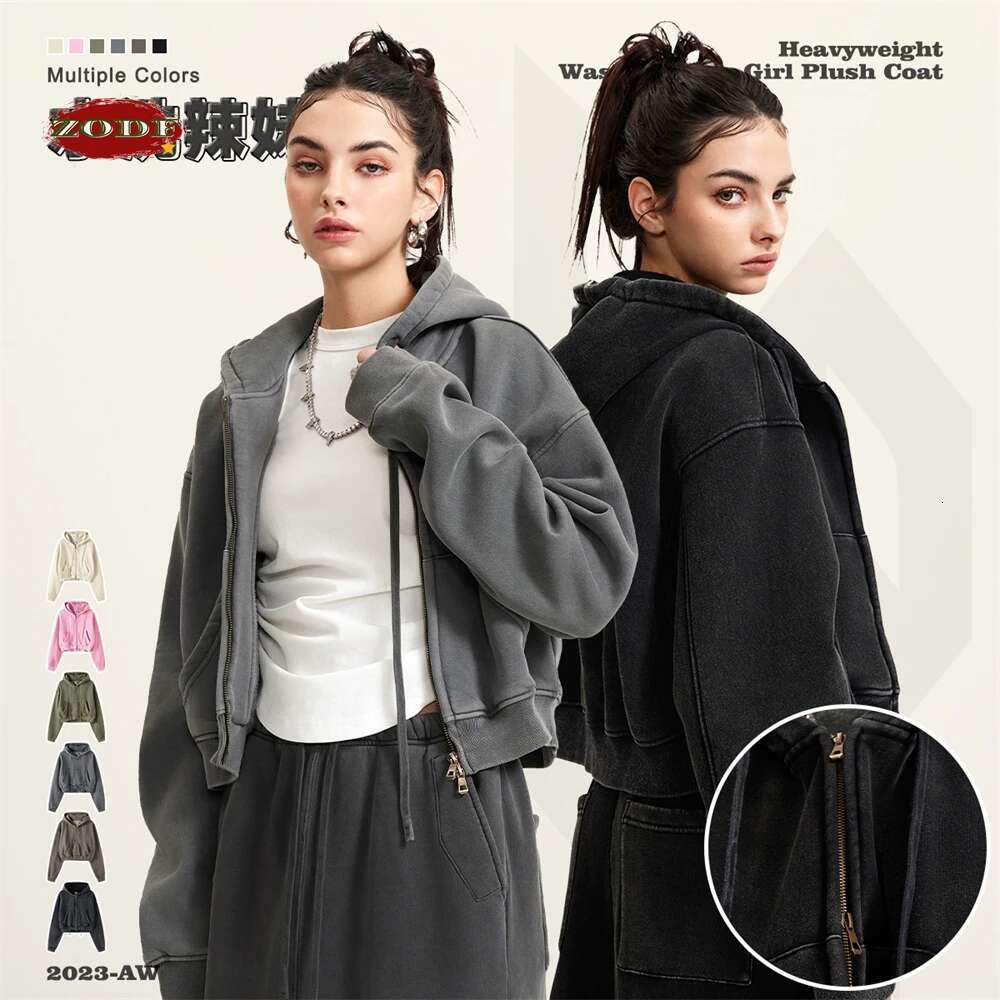 Retro Winter Women Short Zipper Hoodies Female Girls Loose Thick Fleece Hooded Zip-Up Coat Streetwears H