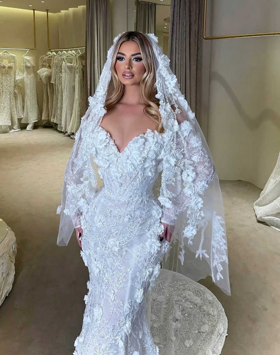 Sexy Mermaid Wedding Dress Off Shoulder Long Sleeves Bridal Gowns 3D Appliques Pearls Sweep Train Dresses Custom Made vestidos de novia
