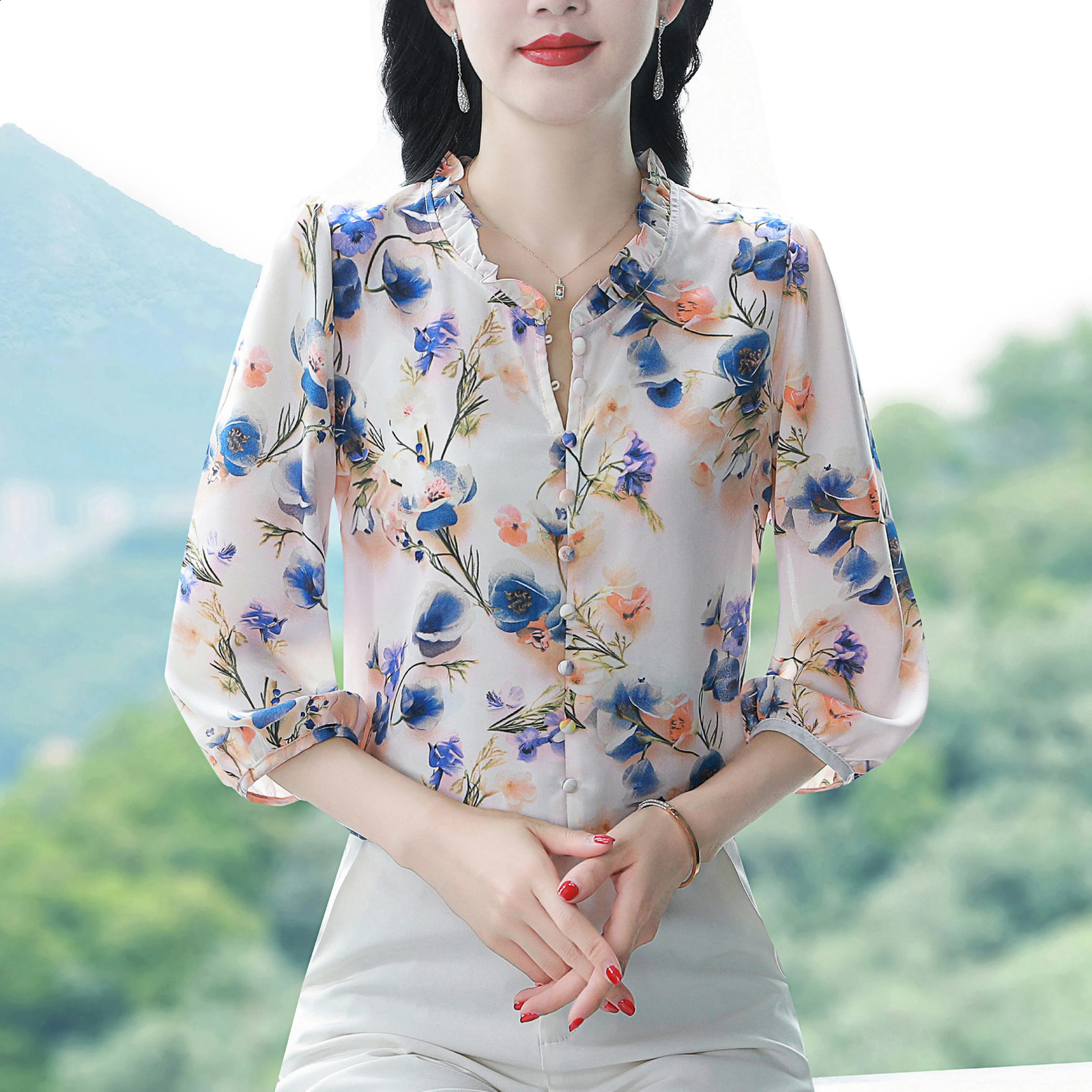 Fashion 3D Rose Printed Chiffon Shirt 2025 Spring Summer Pullovers Blouse Ruffled Collar 3/4 Sleeve Women Tops 250313