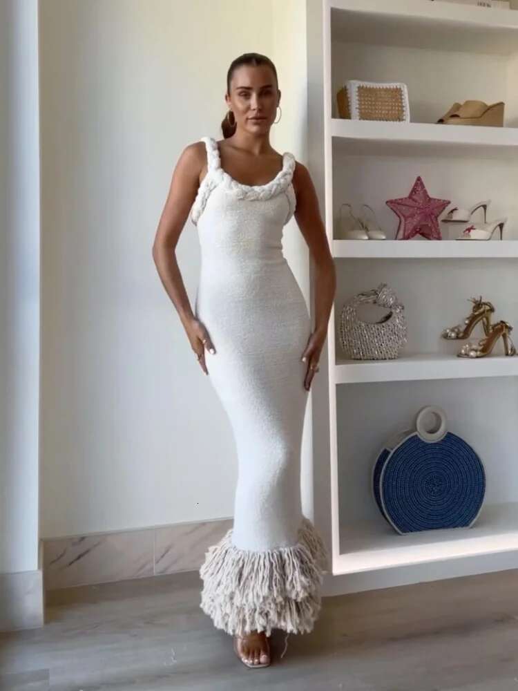 Tassels Hem Twist Strap Knitted Dress Women Sleeveless Backless Slim High Waist Dresses Female Holiday Evening Bodycon Robe