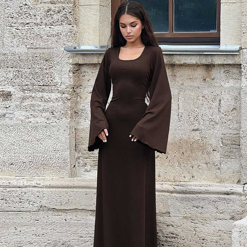 Womens 2023 autumn fashion loose U-neck back lace up long sleeved dress T250312