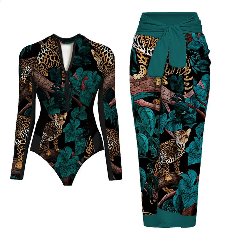Long Sleeve Vintage Print One Piece Swimwear Zipper Conservatism Women Bathing Suit And Wrap Skirt Surfing Swim 250313
