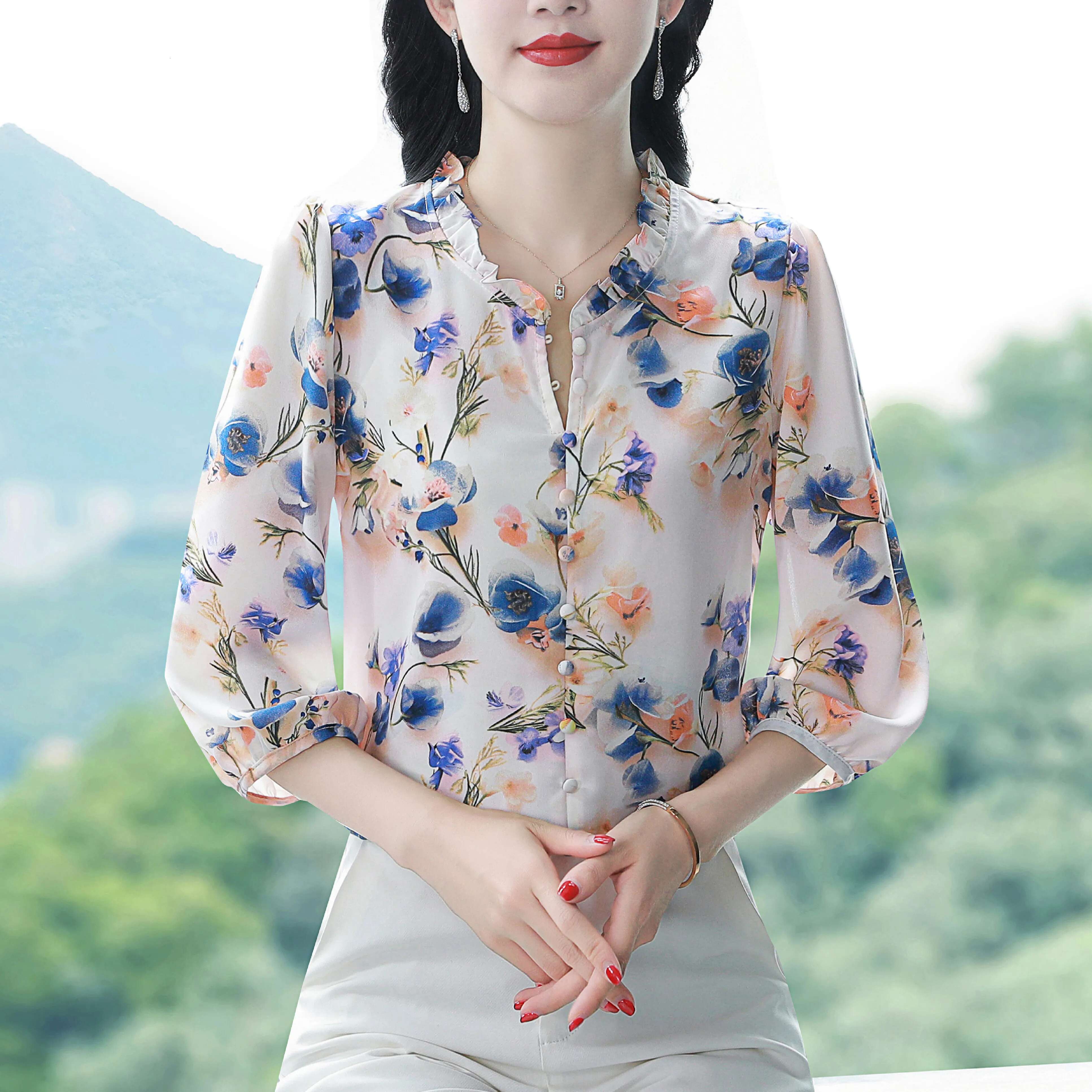 Fashion 3D Rose Printed Chiffon Shirt 2025 Spring Summer Pullovers Blouse Ruffled Collar 3/4 Sleeve Women Tops