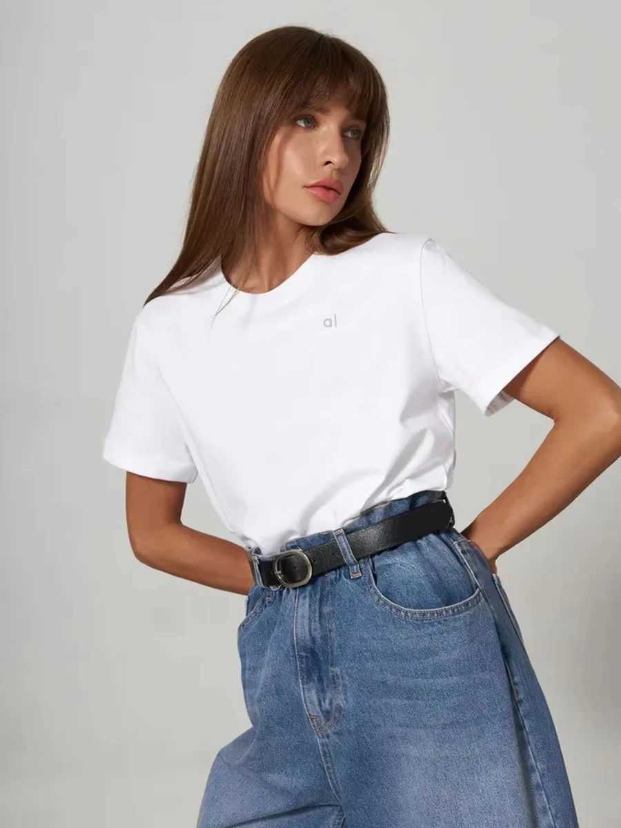 Active Shirts Tees AL Sports T-shirt womens gym T-shirt cotton short Slves letter printed womens breathable sweat absorbing shirt oversized top Y25031