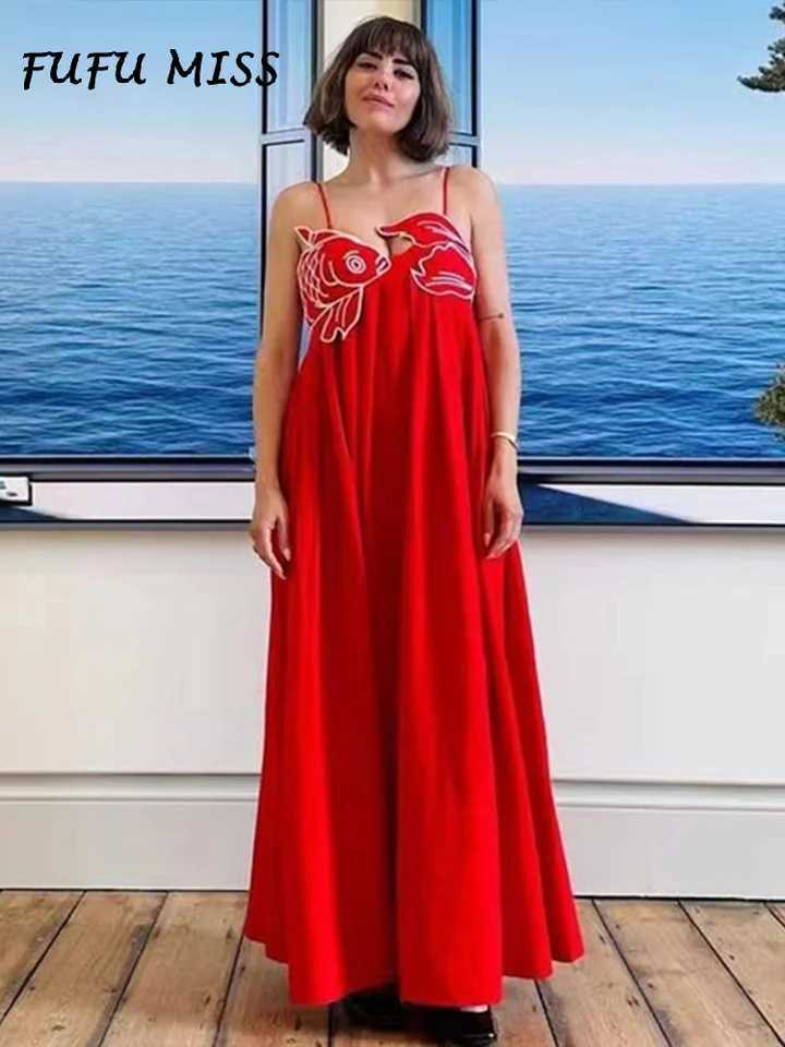 Urban Sexy Dresses Red Embroidered Fish shaped Womens Dress Loose Strap Slvel Back Wrinkle Dr 2025 Summer Fashion Womens Party Holiday Robe Y240312WPL