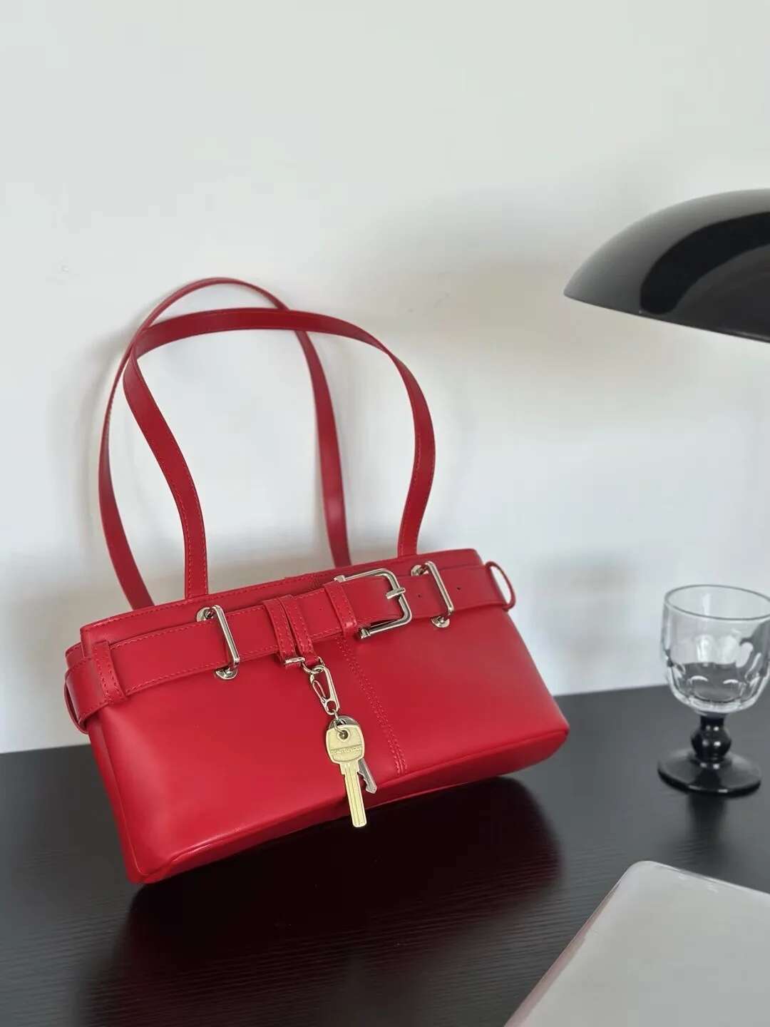 Retro Motorcycle Style Belt Buckle Design Large Capacity Women's Single Shoulder Underarm Bag Tote Cowhide Leather