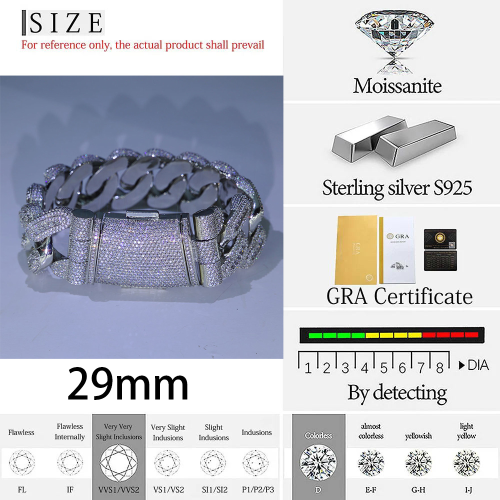 Custom 29mm Big Moissanite Diamond Cuban Link Chain Iced Out Hip Hop Cuban Chain For Men 925Silver VVS Jewelry Charm Necklace