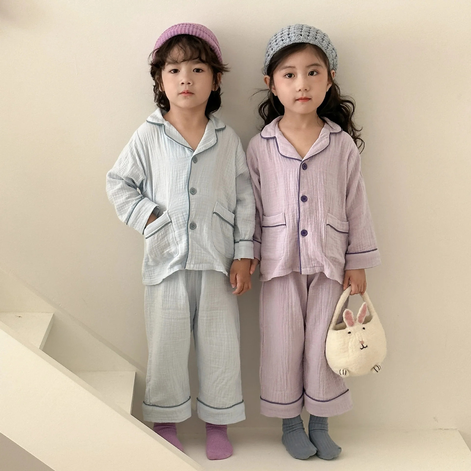 Spring Autumn Childrens Sleepwear Pure Cotton Gauze Class A Long Sleeved Set For Girls Kids Baby Homewears Set 250312