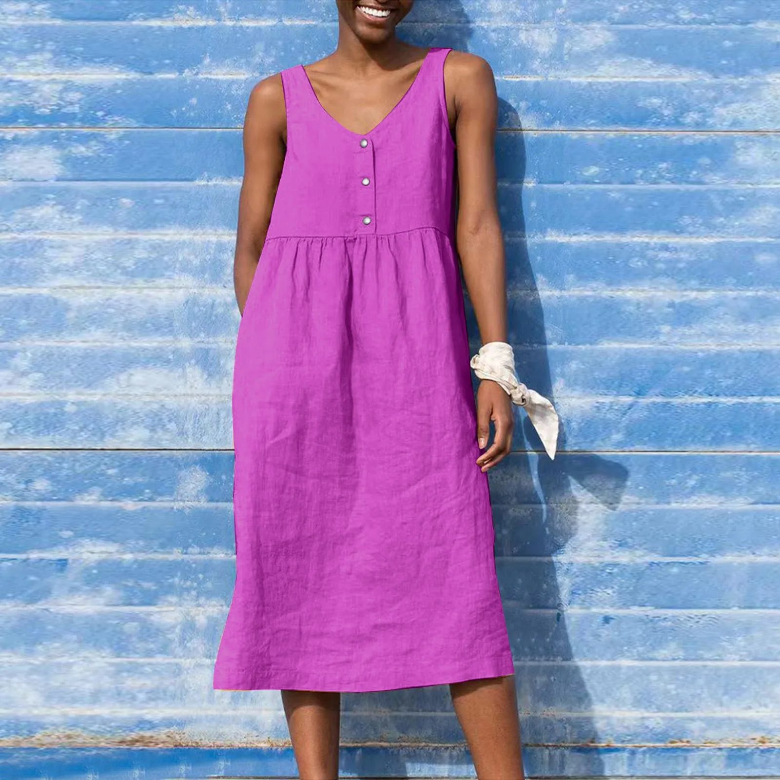 Womens Fashion Casual Edition Solid Color Cotton Linen Bohemian Sleeveless Vneck Dress Suitable for Holidays Large Soft Button 250313