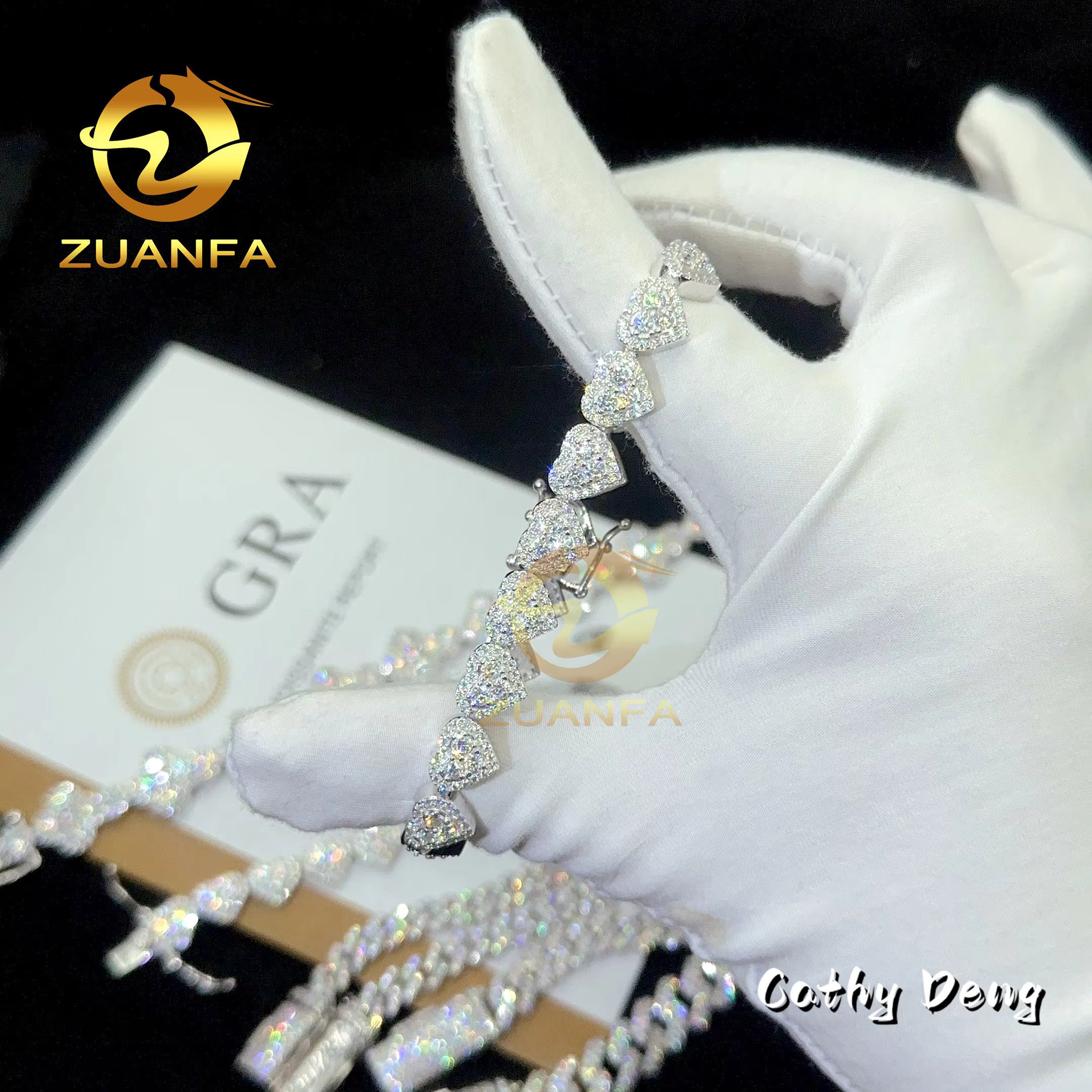 Hot Selling Hip Hop Jewelry 6mm 8mm 10mm Sterling Silver 925 Heart Shape Iced Out Cuban Link Bracelet Moissanite Cuban Bracelet